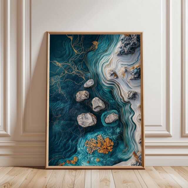 Abstract Teal Ocean Poster - Blue Gold Marble Wall Art Modern Coastal Landscape Print - image 1