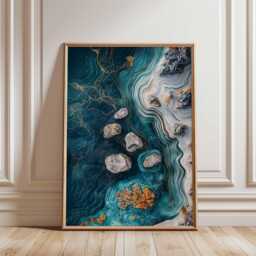 Abstract Teal Ocean Poster - Blue Gold Marble Wall Art Modern Coastal Landscape Print - thumbnail 1