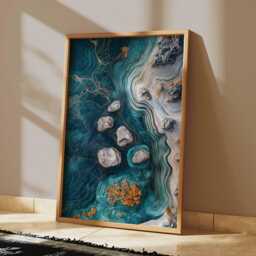 Abstract Teal Ocean Poster - Blue Gold Marble Wall Art Modern Coastal Landscape Print - thumbnail 2