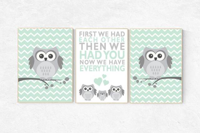 Owl Nursery Wall Art Mint & Gray Kids Room Decor - image 1