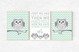 Owl Nursery Wall Art Mint & Gray Kids Room Decor - thumbnail 1