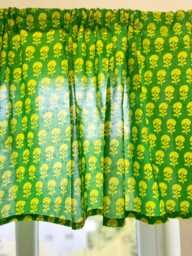 Organic Cotton Window Valance Set, Green Yellow Floral, Handmade Drapes - thumbnail 1