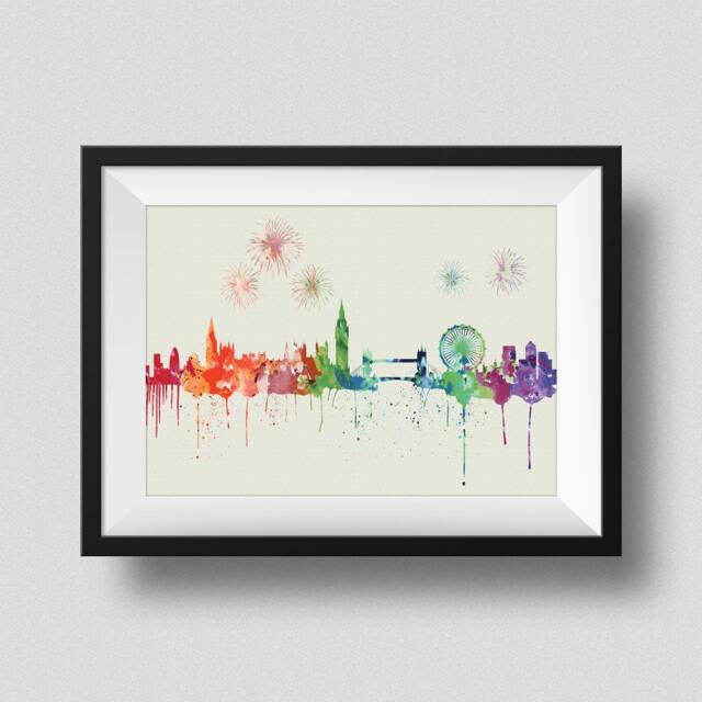 London Skyline Rainbow Watercolor Map Art Print United Kingdom Ink Splash Poster Canvas