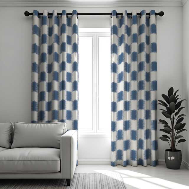 Blue Geometric Curtains, Modern Check Pattern Drapes in Tones, Custom Made Window Panels For Living Room Or Bedroom - image 1