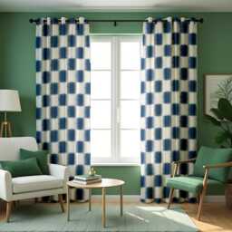 Blue Geometric Curtains, Modern Check Pattern Drapes in Tones, Custom Made Window Panels For Living Room Or Bedroom - thumbnail 4