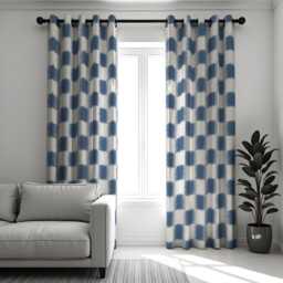Blue Geometric Curtains, Modern Check Pattern Drapes in Tones, Custom Made Window Panels For Living Room Or Bedroom - thumbnail 1