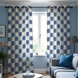 Blue Geometric Curtains, Modern Check Pattern Drapes in Tones, Custom Made Window Panels For Living Room Or Bedroom - thumbnail 2