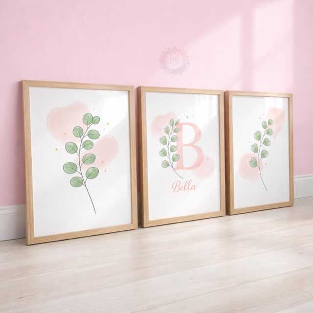 Personalised Girls Pink Botanical Prints - Minimal Nursery Flower Set, Floral Girl Bedroom Wall Art - image 1