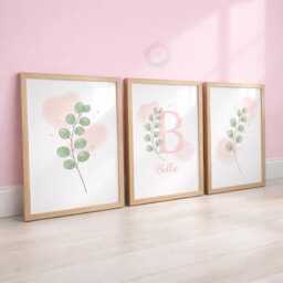 Personalised Girls Pink Botanical Prints - Minimal Nursery Flower Set, Floral Girl Bedroom Wall Art