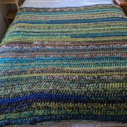 Crochet Fringe Blanket in Lime Green, Aqua, Turquoise & Dark Blue - thumbnail 2