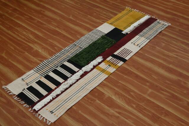 Handmade Green Cotton Kilim Runner Rug, Block Print, Bohemian Stripe - image 1