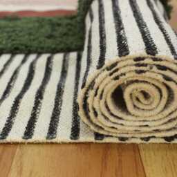 Handmade Green Cotton Kilim Runner Rug, Block Print, Bohemian Stripe - thumbnail 4