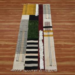 Handmade Green Cotton Kilim Runner Rug, Block Print, Bohemian Stripe - thumbnail 2