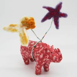 Red Paper Mache Rhinoceros With Needle Felt Balloons - thumbnail 1