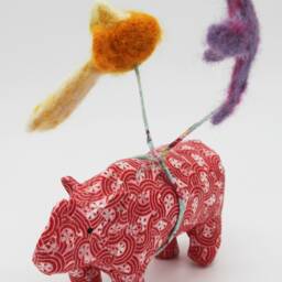 Red Paper Mache Rhinoceros With Needle Felt Balloons - thumbnail 4