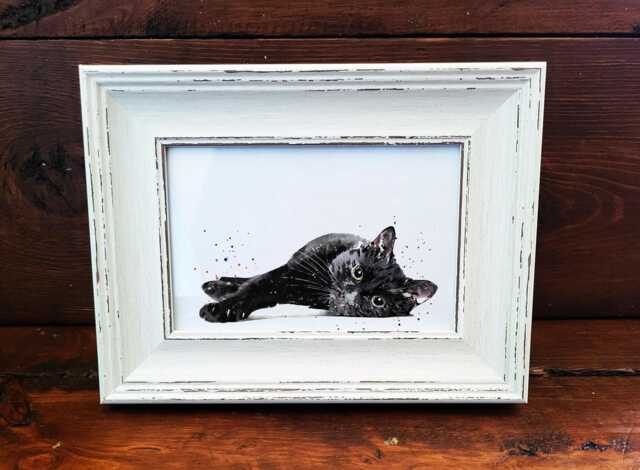 Black Cat Print 17x12cm - White Rustic Frame - Mysterious Feline Wall Art, Gift For Lovers - image 1