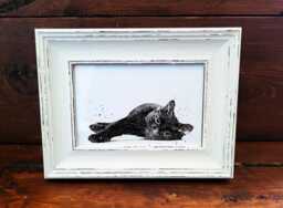 Black Cat Print 17x12cm - White Rustic Frame - Mysterious Feline Wall Art, Gift For Lovers - thumbnail 1