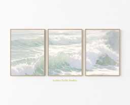 Ocean Wave Set Of 3 Prints - Coastal Seascape Wall Art Minimal Beach Poster Blue Green Sea Home Decor For Living Room - thumbnail 1