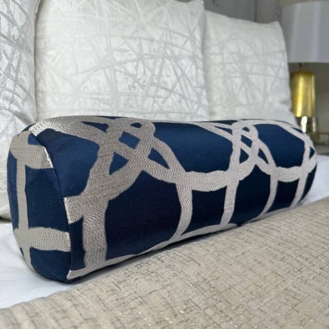 Luxury Navy Bed Cushion, Geometric Design Modern Pillow For Sofa Bed, Designer 16x6 - image 1