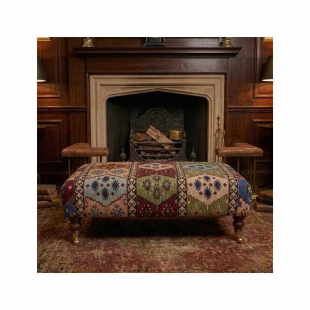 Warwick Anthropology Kilim Fabric Upholstered Footstool - Coffee Table Footrest Mahogany Castor Legs - image 1