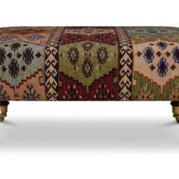 Warwick Anthropology Kilim Fabric Upholstered Footstool - Coffee Table Footrest Mahogany Castor Legs - thumbnail 3