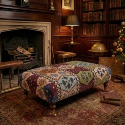 Warwick Anthropology Kilim Fabric Upholstered Footstool - Coffee Table Footrest Mahogany Castor Legs - thumbnail 2