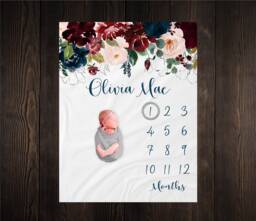Burgundy & Navy Floral Milestone Blanket, Baby Month Girl Blanket Track Growth Keepsake Shower Gift - thumbnail 1