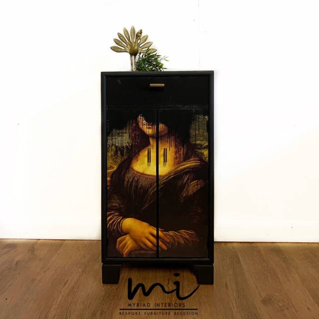 Sold Commissions Available Upcycled Drinks Cabinet, Cocktail, Hand Painted, Mona Lisa, Decoupage, Gin Bar, Black - image 1