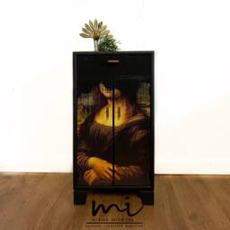 Sold Commissions Available Upcycled Drinks Cabinet, Cocktail, Hand Painted, Mona Lisa, Decoupage, Gin Bar, Black - thumbnail 1