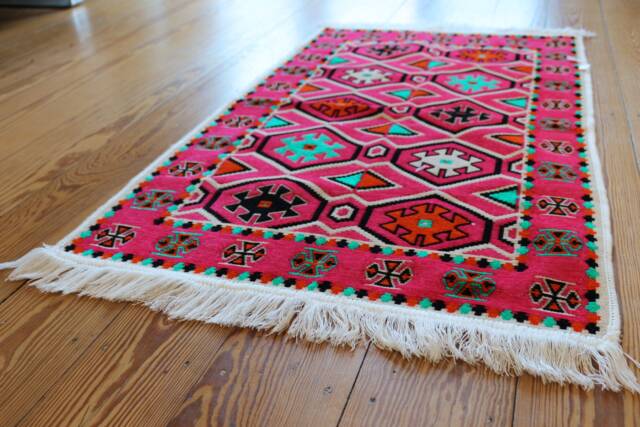 Geometric Chenille Rug, Pink Kilim Style, 65x120cm - image 1