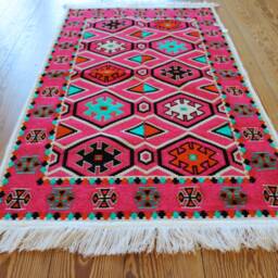 Geometric Chenille Rug, Pink Kilim Style, 65x120cm - thumbnail 2