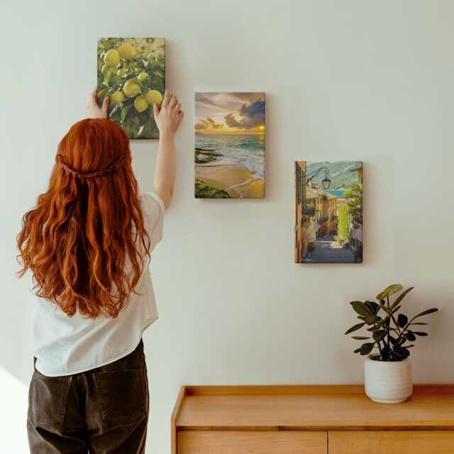 3 Piece Canvas Set - Picturesque Streets, Sea, Beach & Citrus Trees, Yellow Wall Art Large, Travels Hanging - image 1
