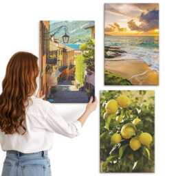 3 Piece Canvas Set - Picturesque Streets, Sea, Beach & Citrus Trees, Yellow Wall Art Large, Travels Hanging - thumbnail 3