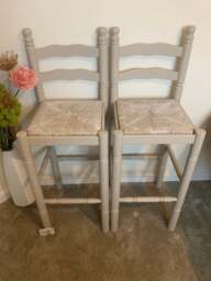 2 X Rattan Wicker Bar Stools Wooden Farmhouse Country - thumbnail 1
