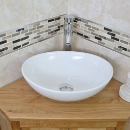 Bathroom Oak Vanity Unit - Corner Sink Cabinet Ceramic Wash Basin Tap & Plug - thumbnail 3