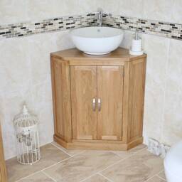 Bathroom Oak Vanity Unit - Corner Sink Cabinet Ceramic Wash Basin Tap & Plug - thumbnail 2