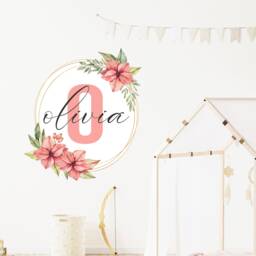 Personalized Girl's Floral Name Wall Decal, Watercolor Flower Border - thumbnail 1