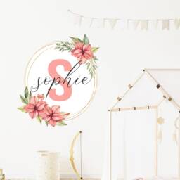 Personalized Girl's Floral Name Wall Decal, Watercolor Flower Border - thumbnail 2