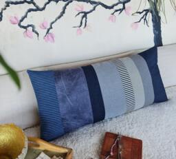 Denim & Cotton Lumbar Pillow Cover Striped Zero Waste Design - 14x28 Inch - thumbnail 1