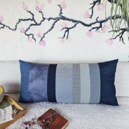 Denim & Cotton Lumbar Pillow Cover Striped Zero Waste Design - 14x28 Inch - thumbnail 2