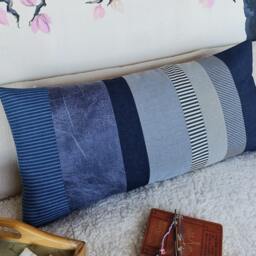 Denim & Cotton Lumbar Pillow Cover Striped Zero Waste Design - 14x28 Inch - thumbnail 4