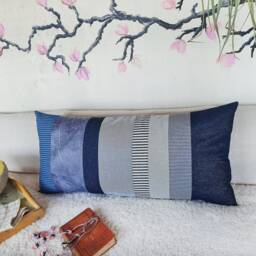 Denim & Cotton Lumbar Pillow Cover Striped Zero Waste Design - 14x28 Inch - thumbnail 3