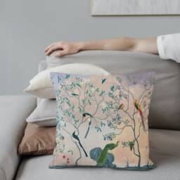 Chinoiserie Floral Pillow Cover - Soft Faux Suede Fabric Blue Clouds Asian Bird Garden Oriental Flowers Birds Decorative Cushion - thumbnail 2