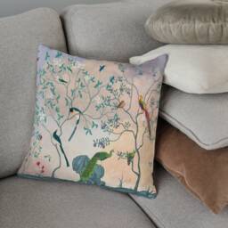 Chinoiserie Floral Pillow Cover - Soft Faux Suede Fabric Blue Clouds Asian Bird Garden Oriental Flowers Birds Decorative Cushion - thumbnail 3