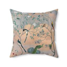 Chinoiserie Floral Pillow Cover - Soft Faux Suede Fabric Blue Clouds Asian Bird Garden Oriental Flowers Birds Decorative Cushion - thumbnail 1
