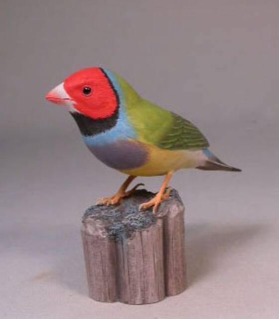 Gouldian Finch - Red-Head Hand Carved Wooden Bird - image 1