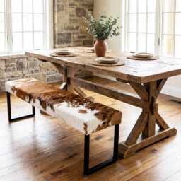Cowhide & Steel Dining Bench, Modern Entryway Industrial Seating, Bench - Rgb - thumbnail 1