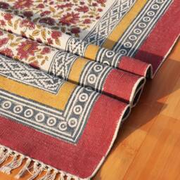 Block Printed Cotton Dhurrie Rug, Indian Floral Design, 6x9 Ft - thumbnail 2