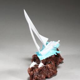 Sailboat Sculpture By John Perry with Dolphins & Crew 8In Tall On Polished Burlwood Base. Signed - thumbnail 2