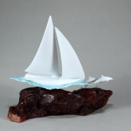 Sailboat Sculpture By John Perry with Dolphins & Crew 8In Tall On Polished Burlwood Base. Signed - thumbnail 3